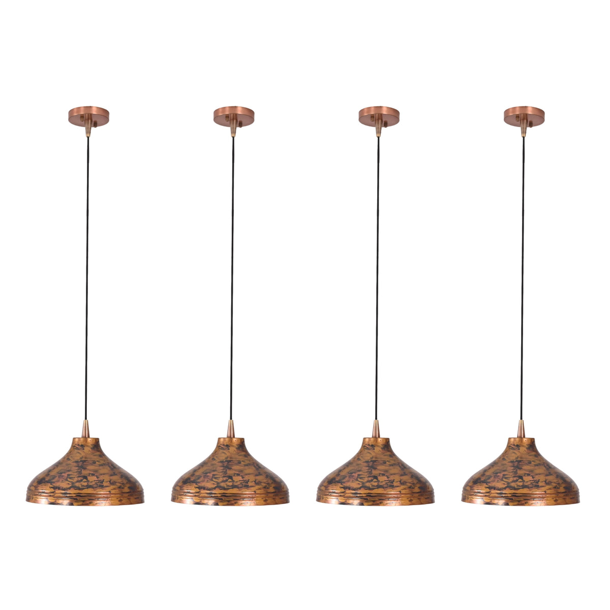 Copper kitchen island pendant light with black suspension cord and warm lighting for modern rustic interiors