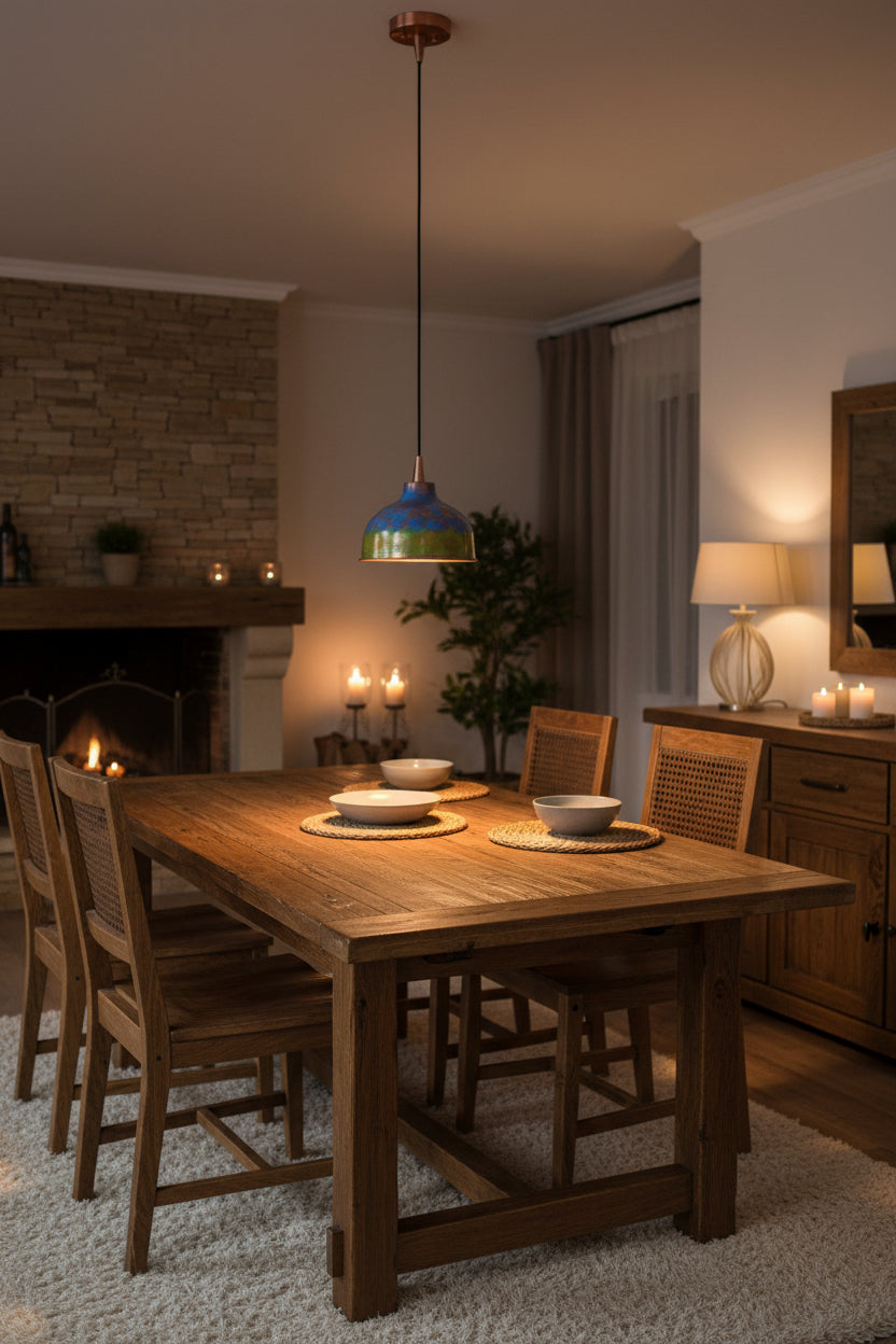 Copper pendant lamp installed above a kitchen island with blue green patina shade and warm focused lighting