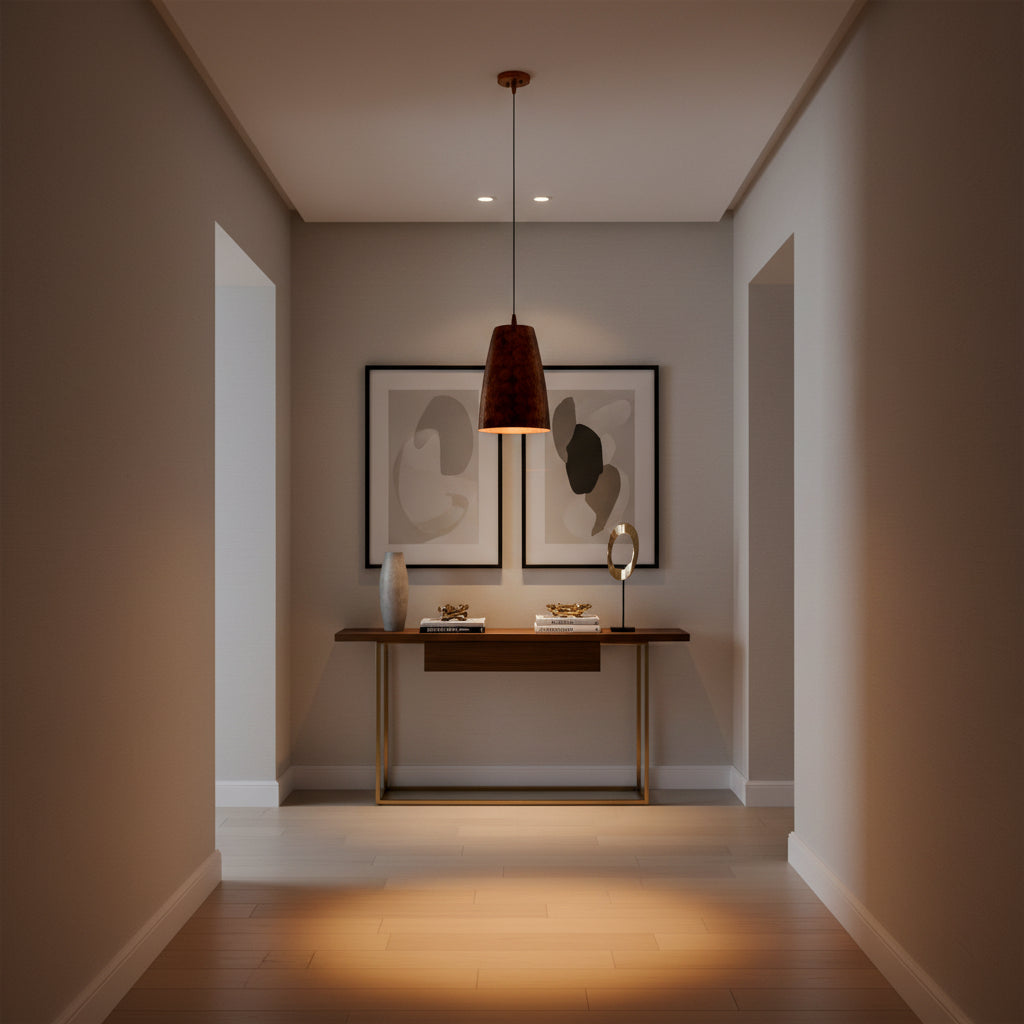 Copper pendant lamp dimension image showing 53 inch overall height and 9 inch shade width for product size reference