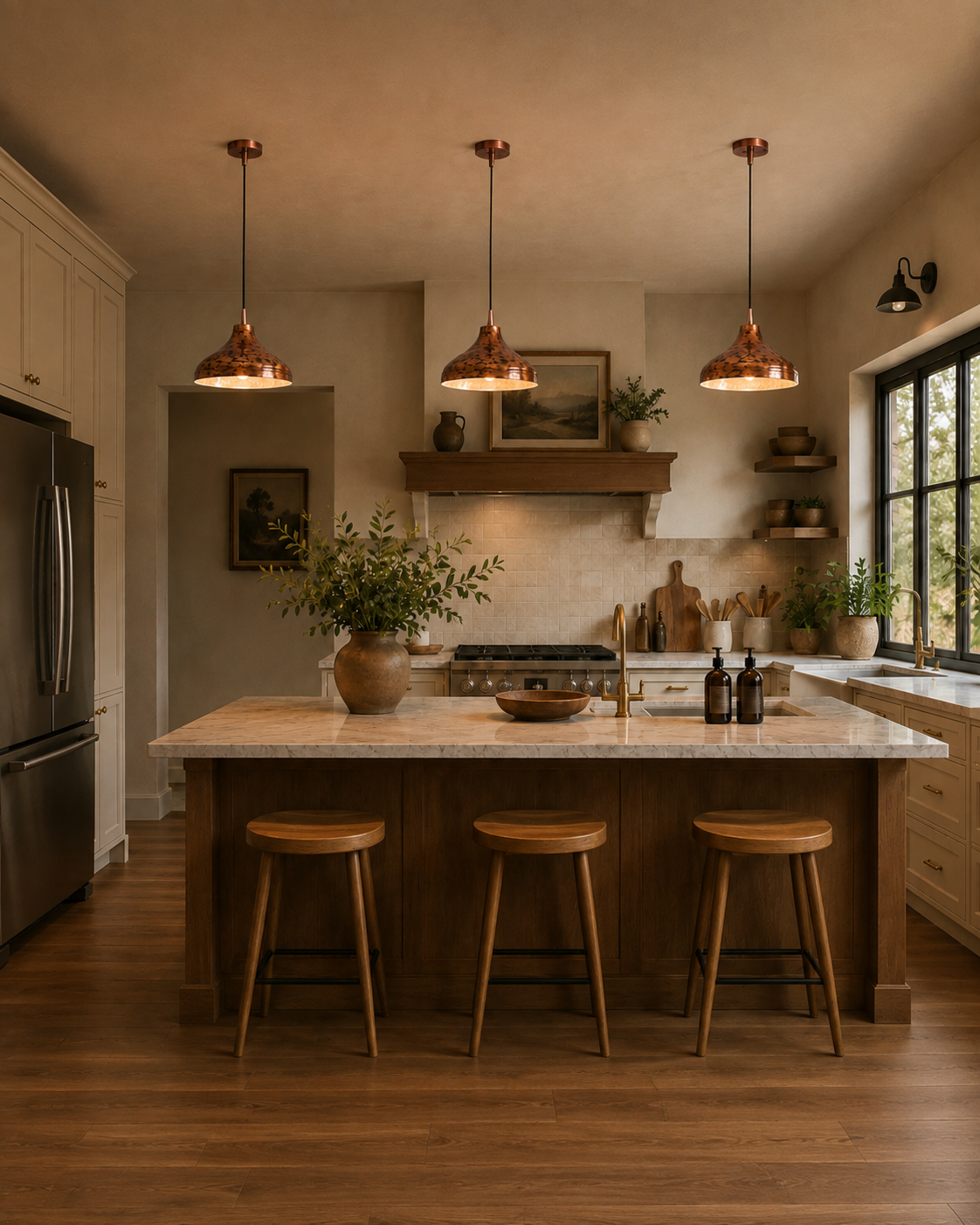 Copper pendant light installed in a hallway with warm ambient glow and slim black hanging cord