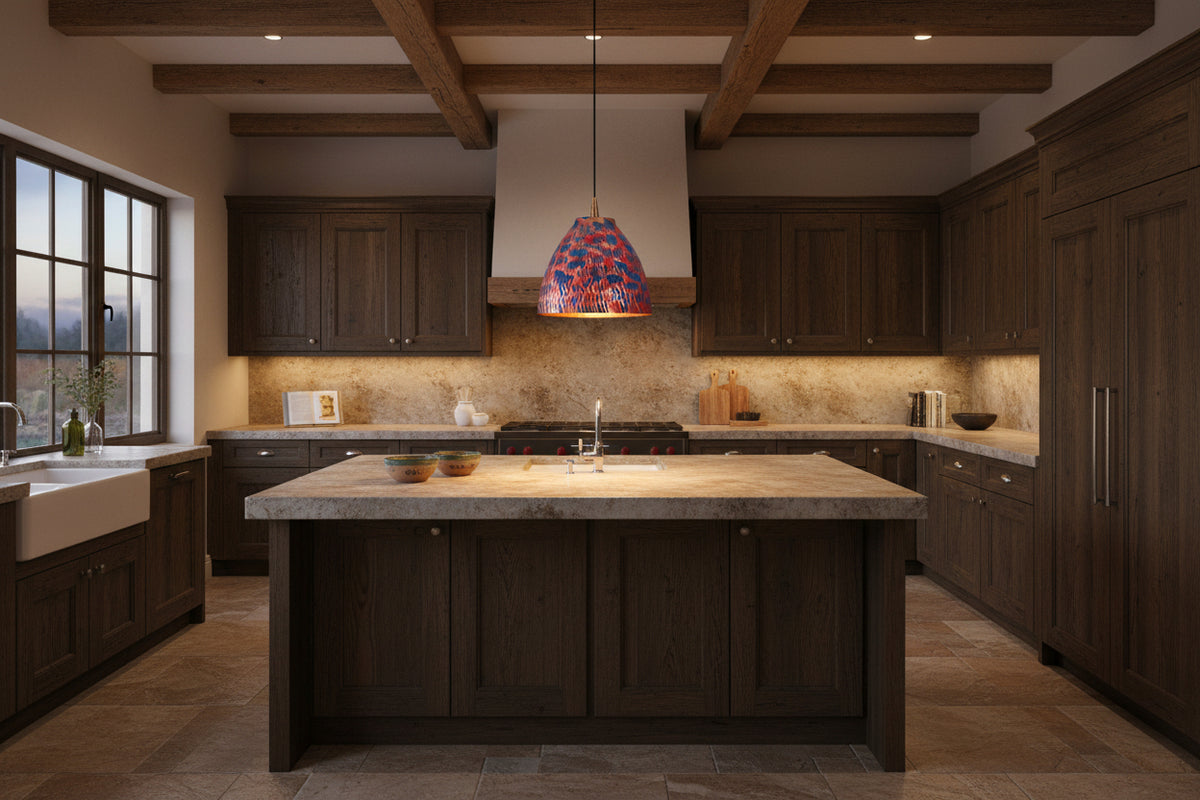 Copper pendant light hanging above a kitchen island with colorful red blue pattern and warm downward glow