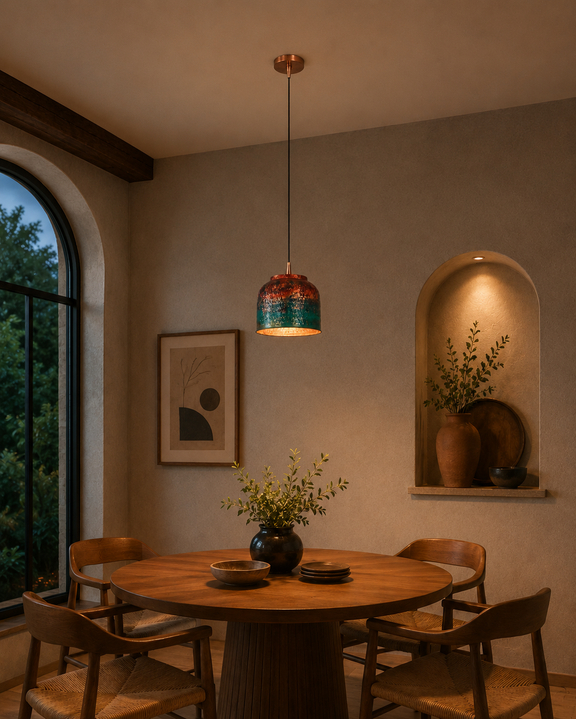 Copper pendant light dimension view showing 10 inch shade diameter and 47 inch overall hanging height