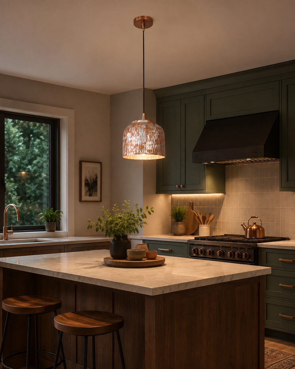 Cora whitewashed copper drum pendant light hanging above a kitchen island with warm downward glow
