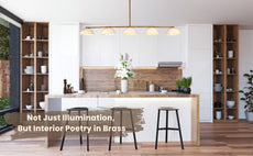 Bright and cozy living room featuring dome chandelier centered above a neutral sectional, paired with text overlay