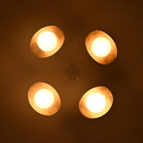 Bottom view of Curva 4-light brass flush mount showing evenly diffused globe lighting and warm atmospheric glow.