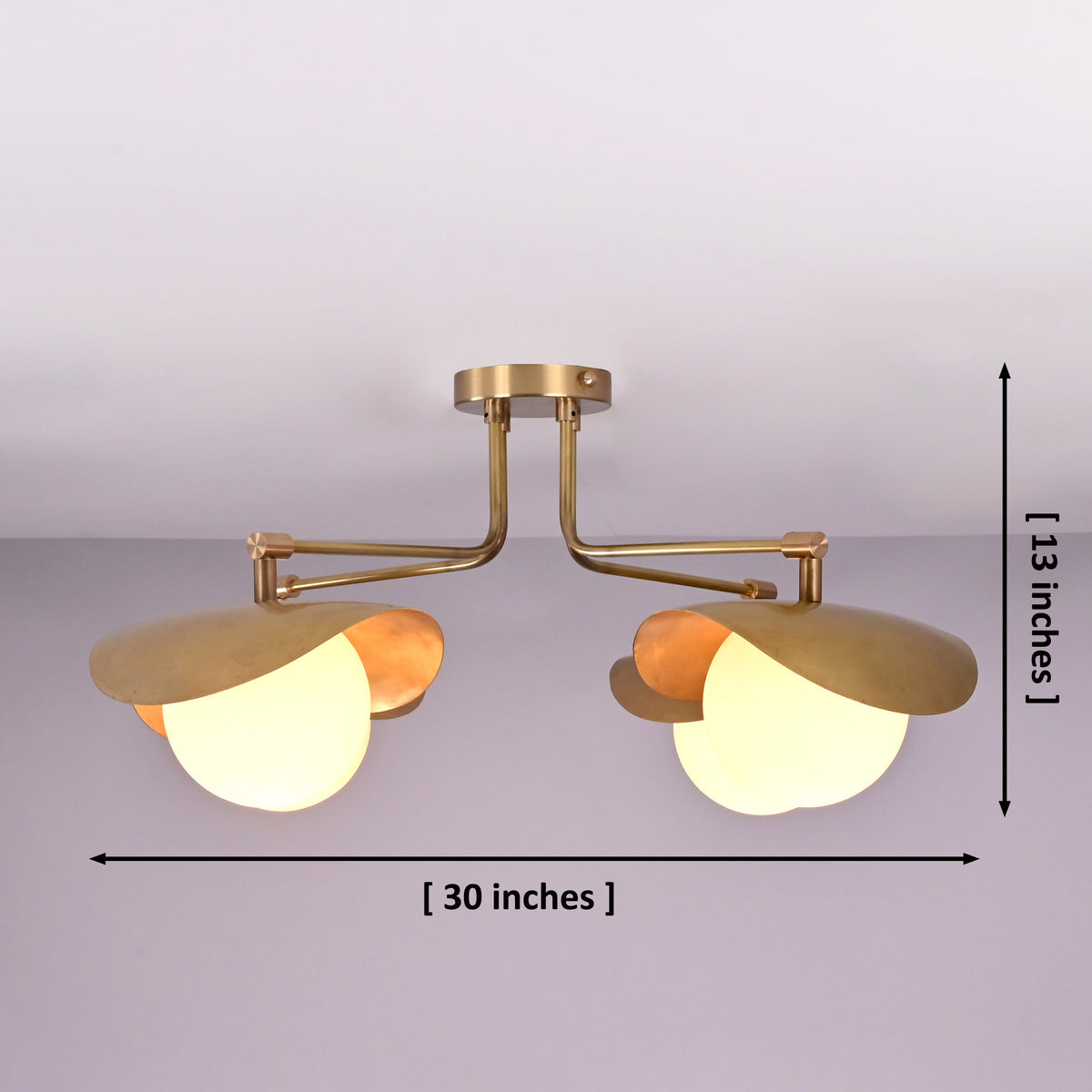 Curva 4-light brass flush mount showing dimensions of 30 inches width and 13 inches height, customizable handmade ceiling light.