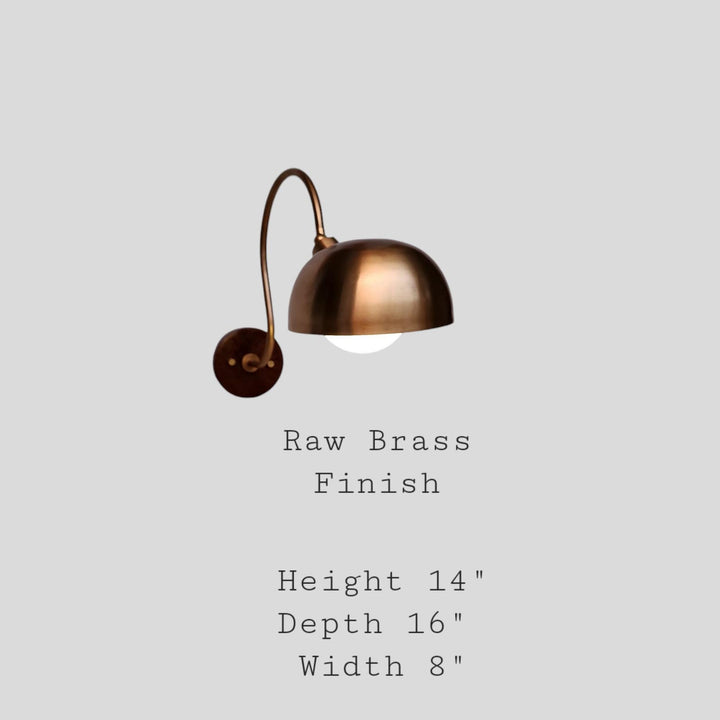 Brass dome wall sconce with curved arm showing raw brass finish and size dimensions