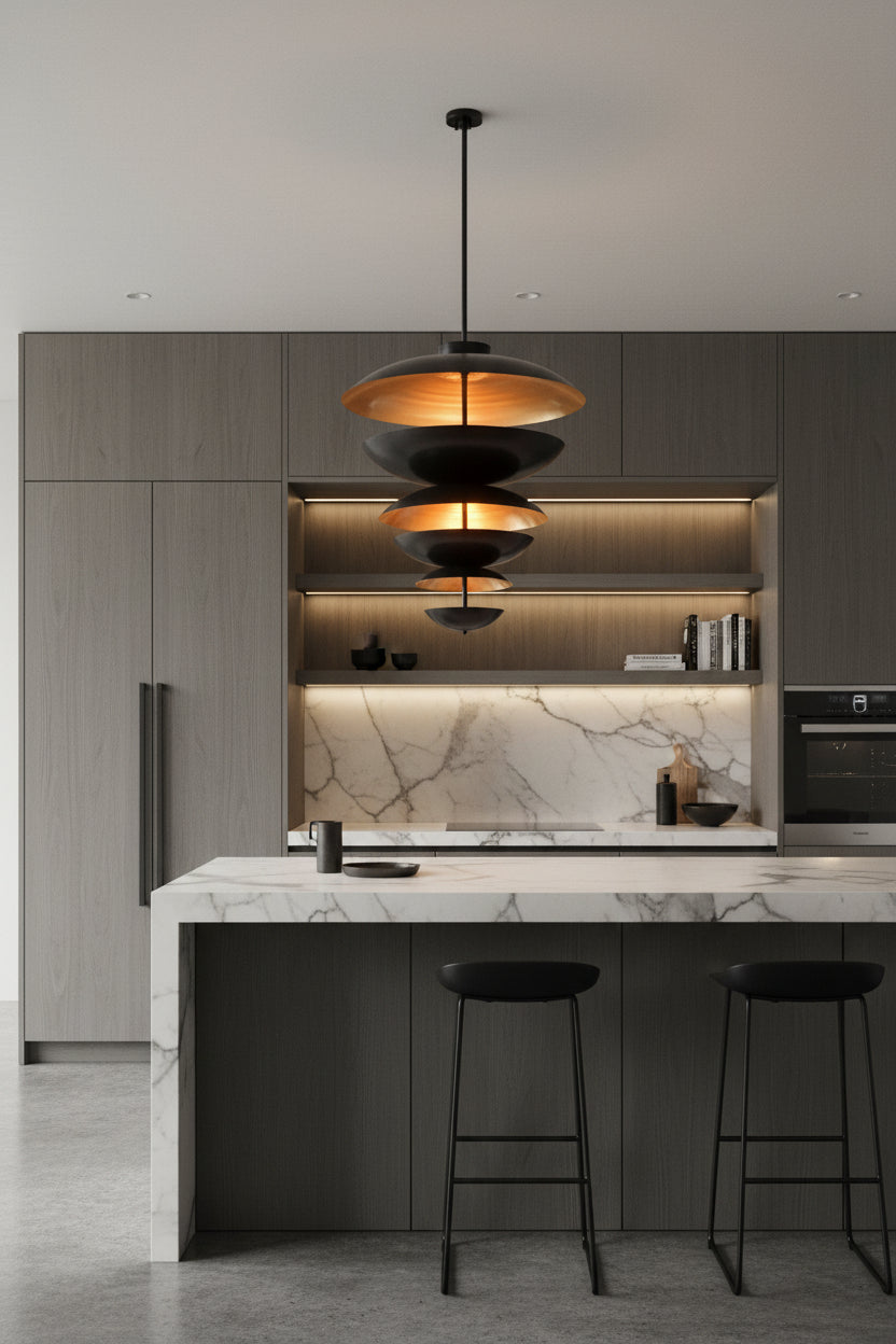 Custom 13-light brass ceiling chandelier with 10 E26 holders, 3 E12 holders, and lacquer coated disc finish