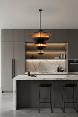 Custom 13-light brass ceiling chandelier with 10 E26 holders, 3 E12 holders, and lacquer coated disc finish
