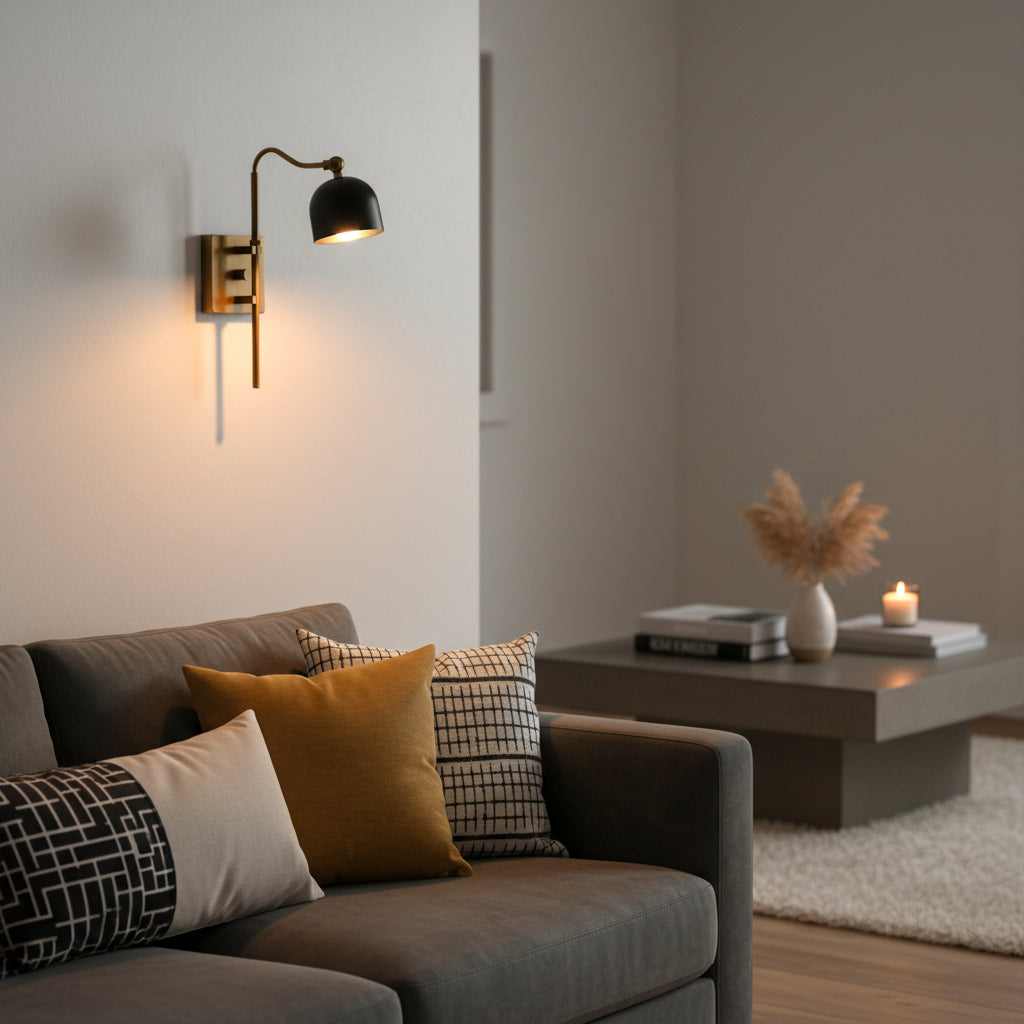 Custom brass patina wall sconce with black shade, solid brass components, and warm focused light for interiors