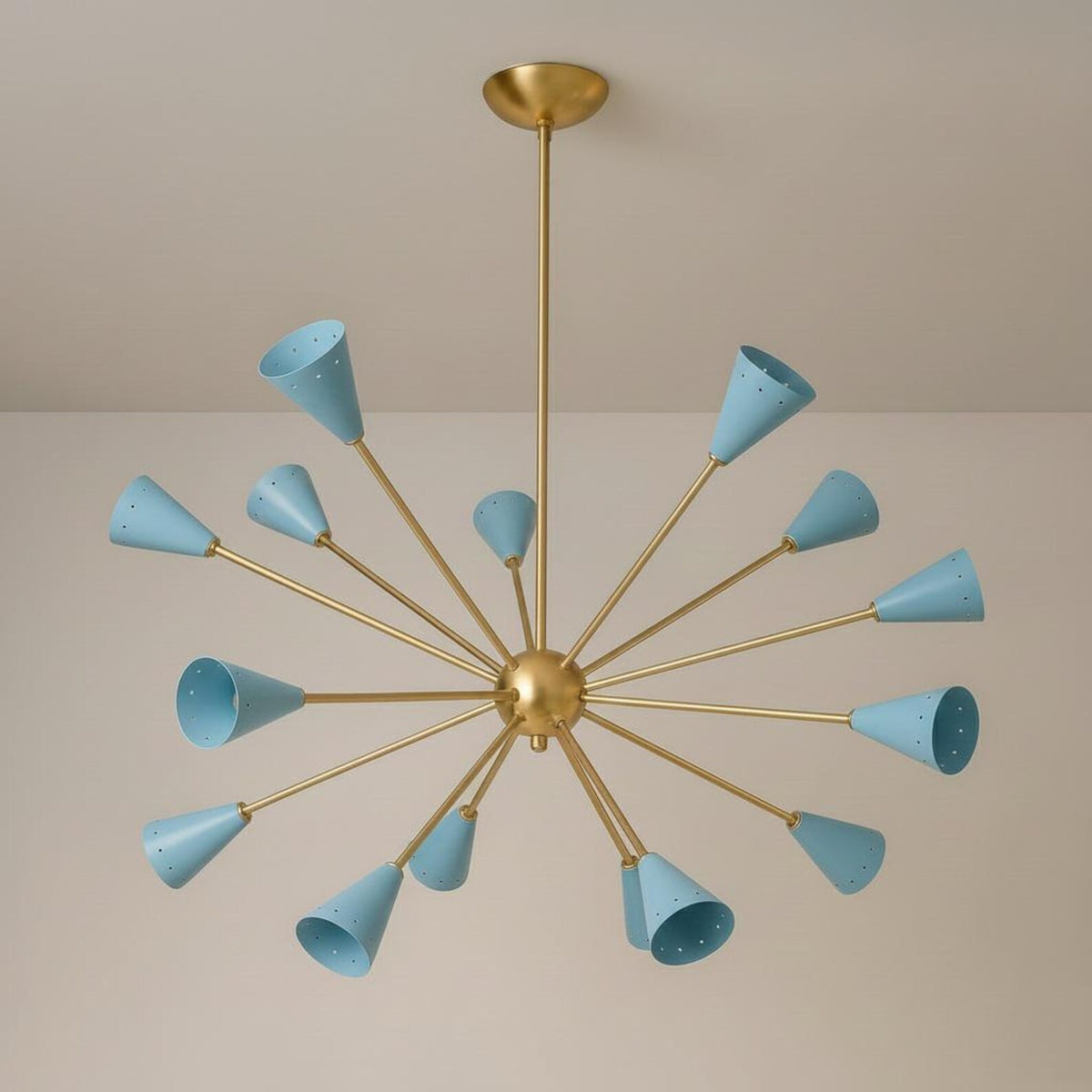 Custom brass Sputnik chandelier showcasing blue cone shade detailing and polished brass hardware