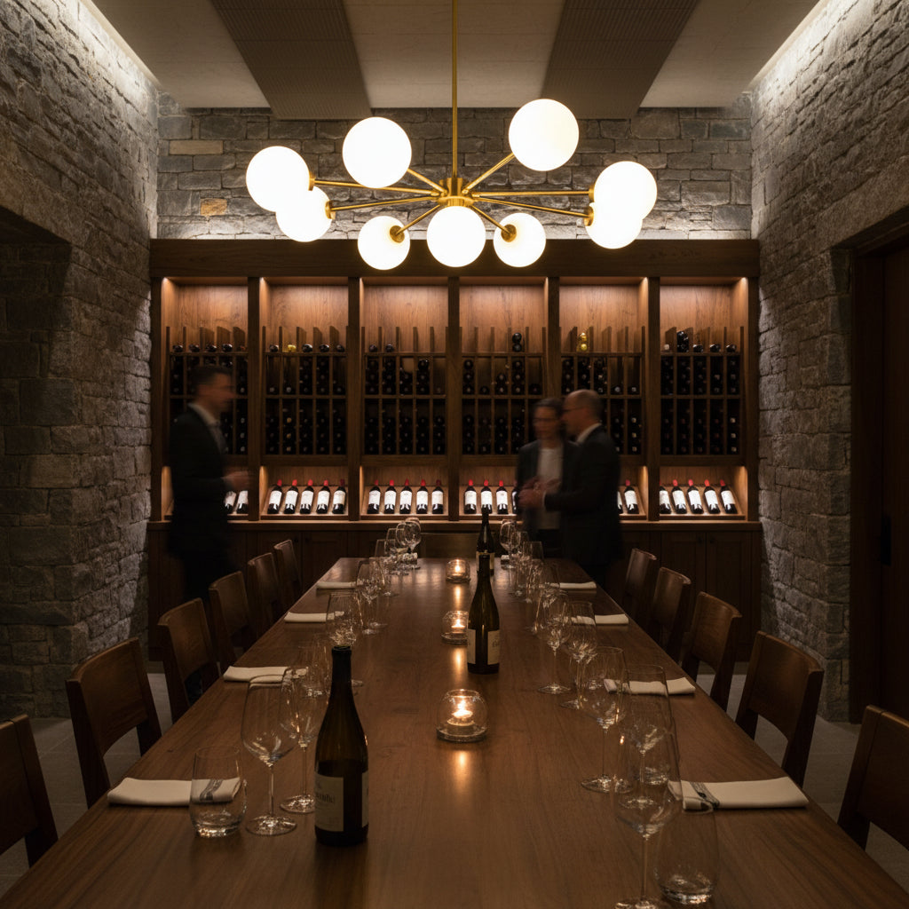Custom brushed brass globe chandelier with nine lights, radial arms, and soft ambient glass globe illumination
