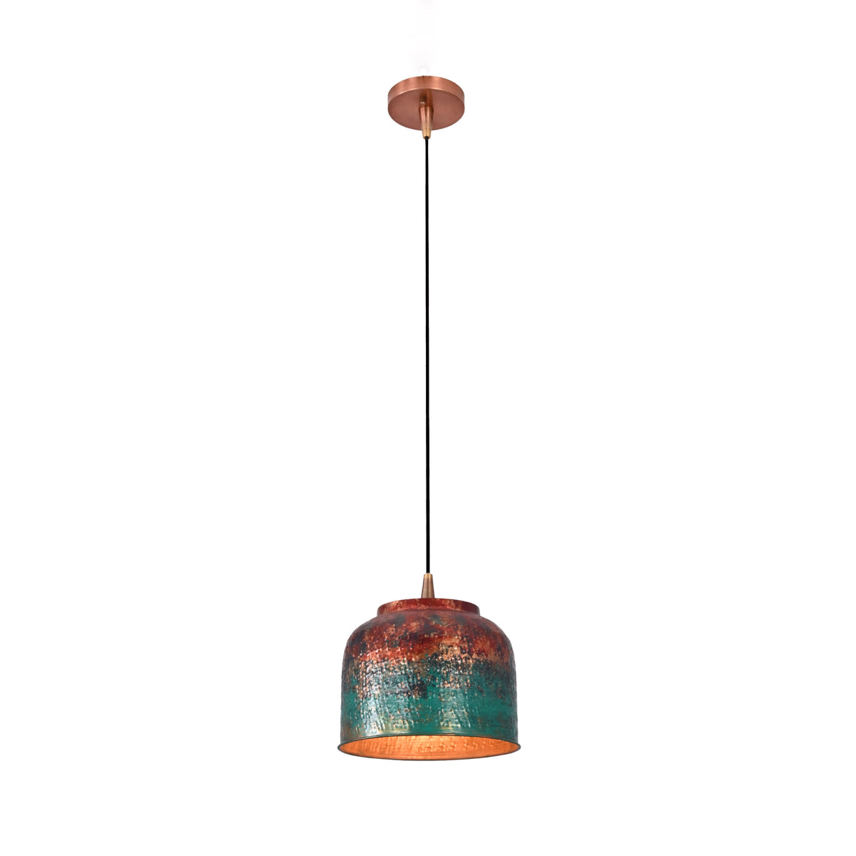 Custom copper drum pendant light with painted patina texture, ideal for dining rooms, kitchens, and boutique spaces