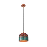 Custom copper drum pendant light with painted patina texture, ideal for dining rooms, kitchens, and boutique spaces