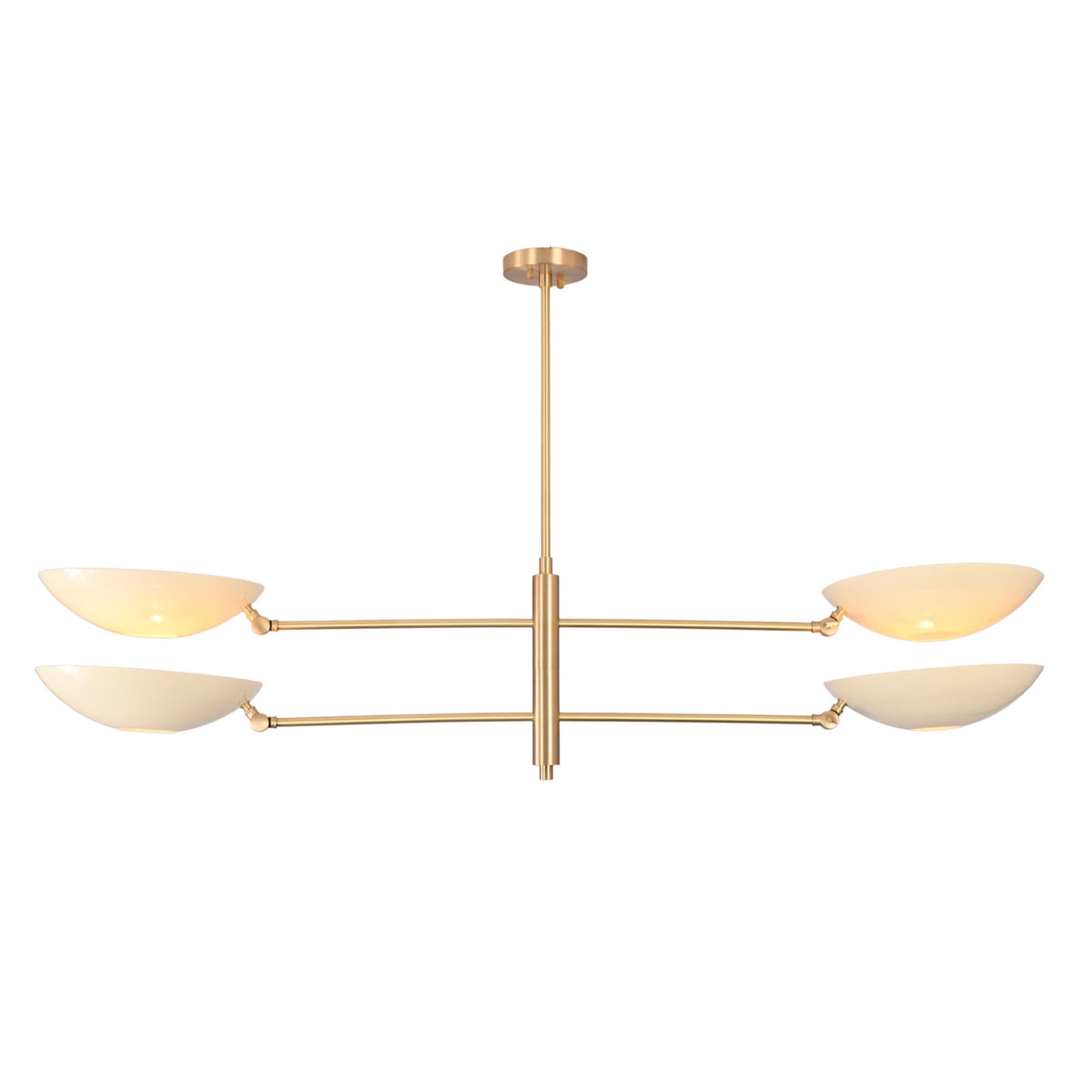 Custom linear ceiling chandelier with four adjustable-style bowl shades for modern home and hospitality spaces