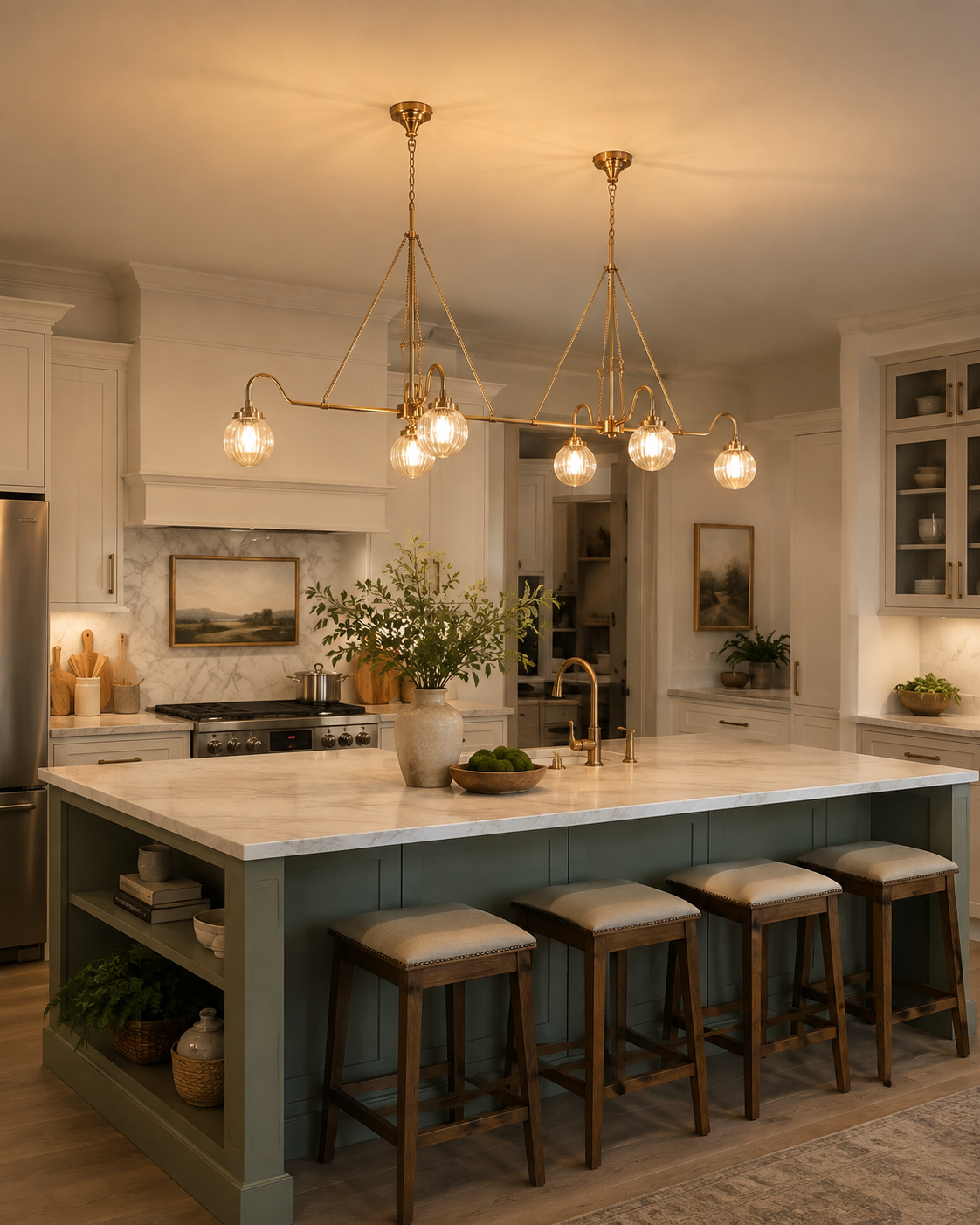Custom linear six-light chandelier with brass construction, ribbed glass globes, and adjustable suspension height