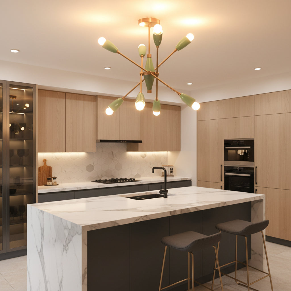 Custom mint green ceiling chandelier with solid brass components, starburst shape, and compact statement design for interiors