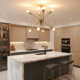Custom mint green ceiling chandelier with solid brass components, starburst shape, and compact statement design for interiors