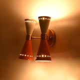 Custom painted diabolo wall fixture with solid brass shades and adjustable color options