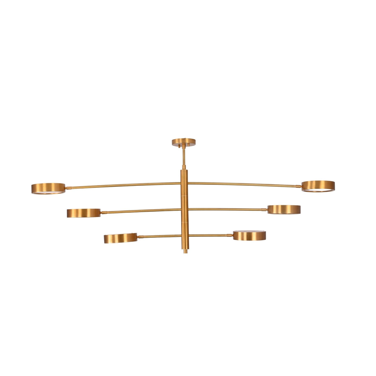 Customizable 6-light linear chandelier with solid brass rods, round disc heads, and adjustable finish options