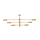 Customizable 6-light linear chandelier with solid brass rods, round disc heads, and adjustable finish options