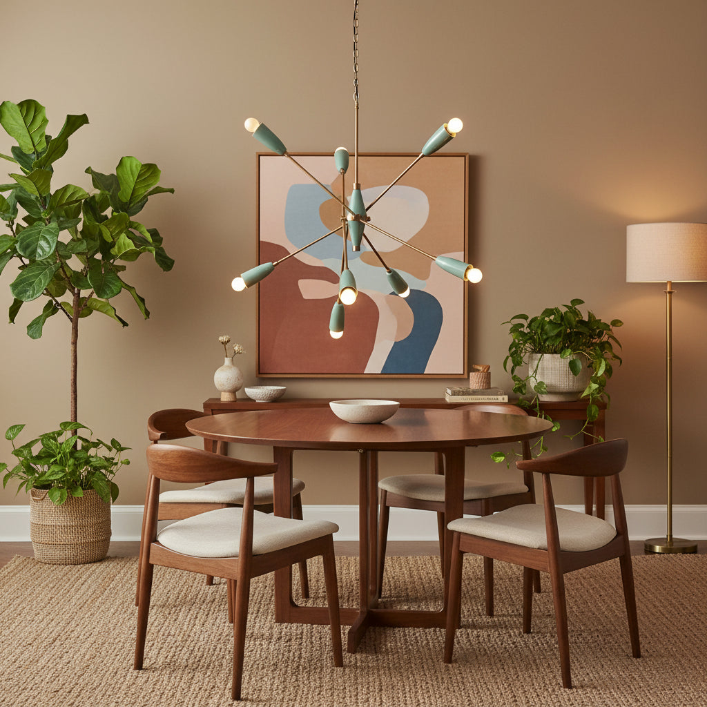 Customizable 8-light ceiling chandelier with sculptural starburst form for dining room, bedroom, and living room lighting