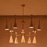 Customizable brass cone chandelier with white enamel shades, suitable for luxury homes, villas, hotels, and designer interiors