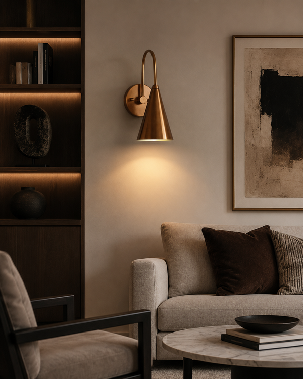 Customizable cone wall sconce with curved arm and tapered shade for bedroom, hallway, and reading corner lighting