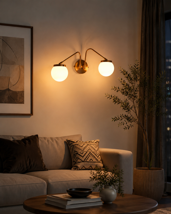 Customizable double globe wall sconce with two glowing opal shades for bedroom, hallway, and vanity lighting