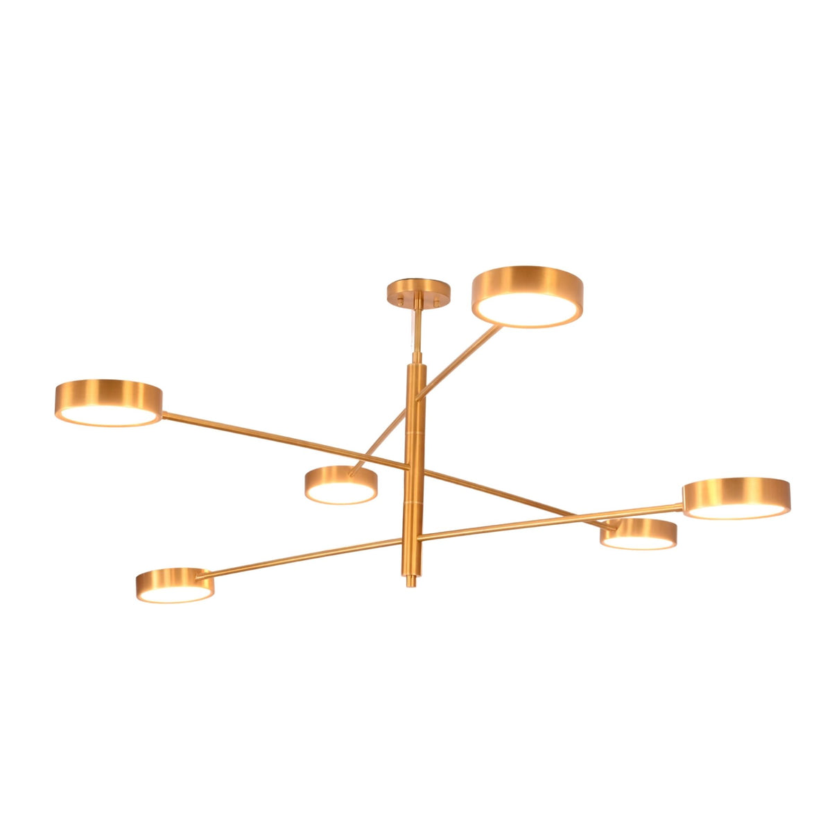 Customizable linear disc chandelier with solid brass rods, round light heads, and adjustable finish options