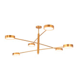 Customizable linear disc chandelier with solid brass rods, round light heads, and adjustable finish options