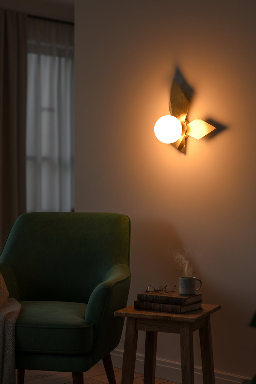 Closeup of decorative brass leaf wall sconce with warm globe illumination and sculptural raw brass finish