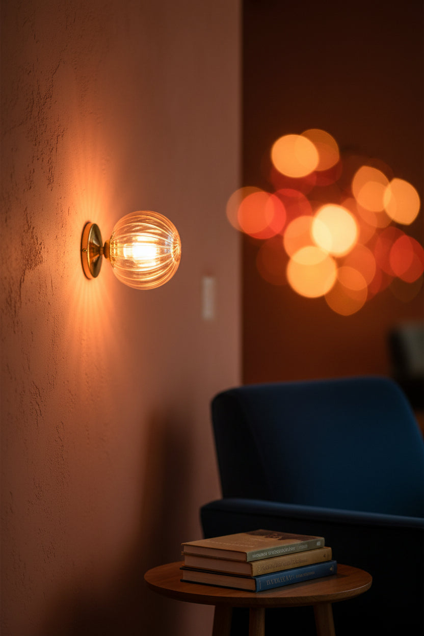 Decorative globe wall light close-up showing ribbed smoked glass texture, visible bulb, and brass mounting detail