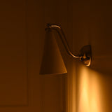 Fully brass wall light with chrome finish, curved arms and two ivory enamel cone shades