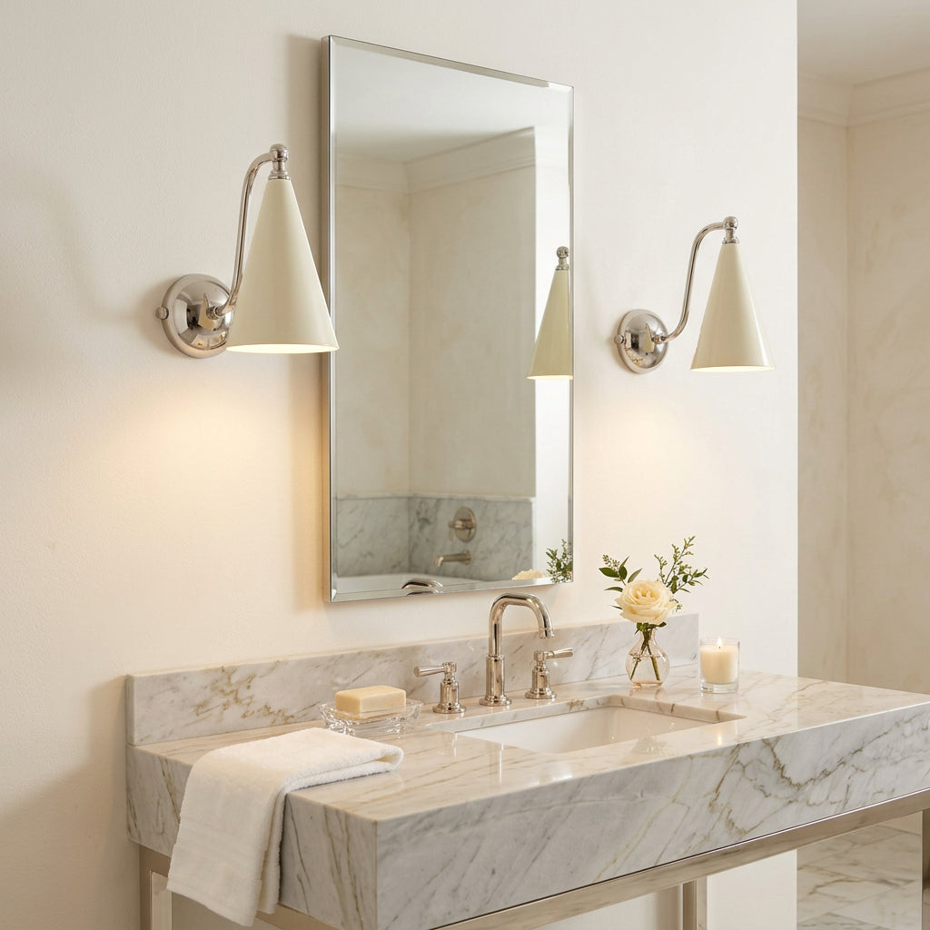 Customizable Delphi wall sconce with ivory enamel shades, chrome finish and two light design