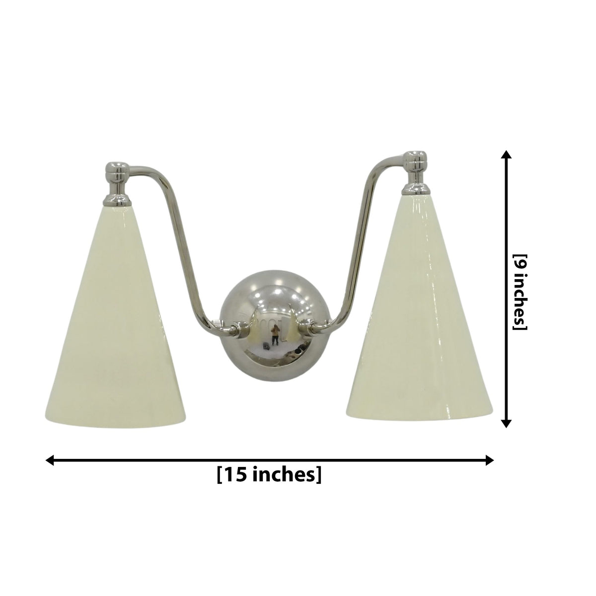 Delphi 2 light wall sconce with ivory enamel cone shades, chrome brass arms and round backplate