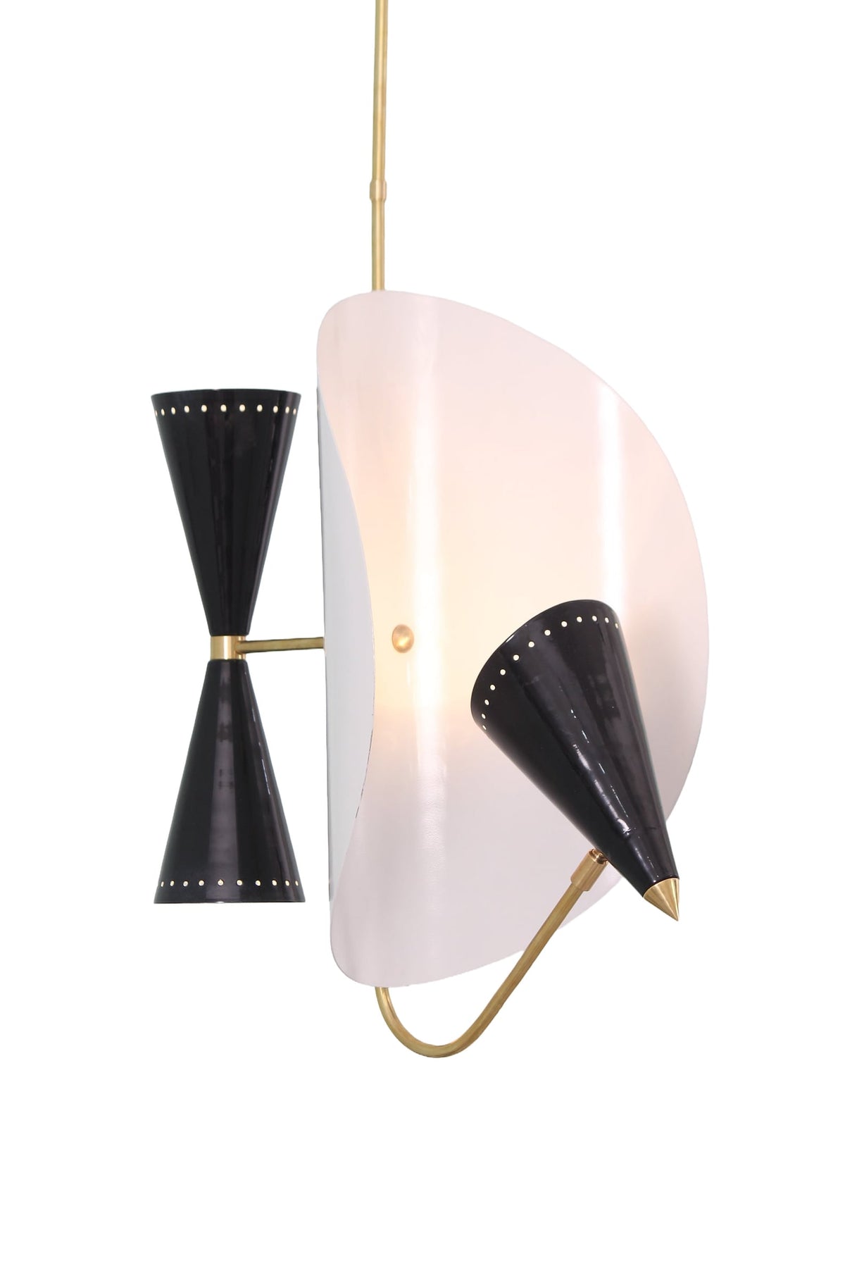 Designer 3 light brass cone chandelier with asymmetrical sculptural disc and industrial modern design accents