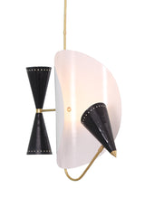 Designer 3 light brass cone chandelier with asymmetrical sculptural disc and industrial modern design accents