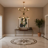 Designer Sputnik chandelier installed above a dining area with warm ambient lighting and statement ceiling style