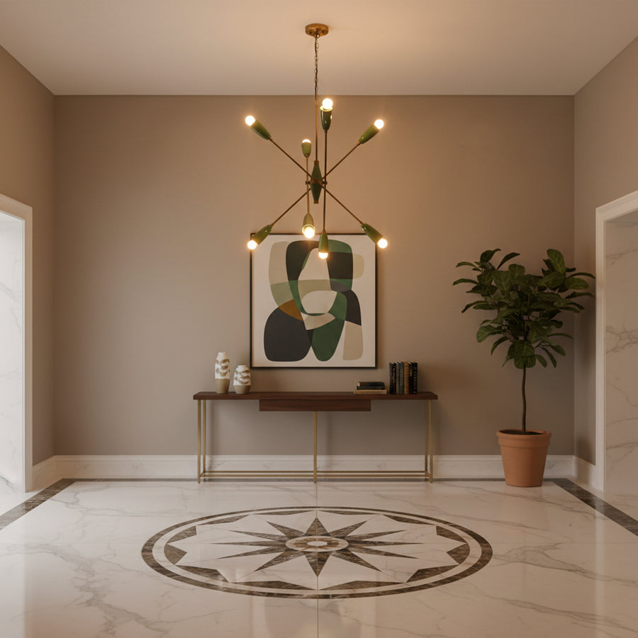Designer Sputnik chandelier installed above a dining area with warm ambient lighting and statement ceiling style