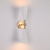 Designer white cone and brushed brass wall fixture with elegant mid century architectural style