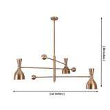 Diabolo 6-light brass chandelier showing dimensions of 52 inches width and 40 inches height, customizable handcrafted lighting fixture.