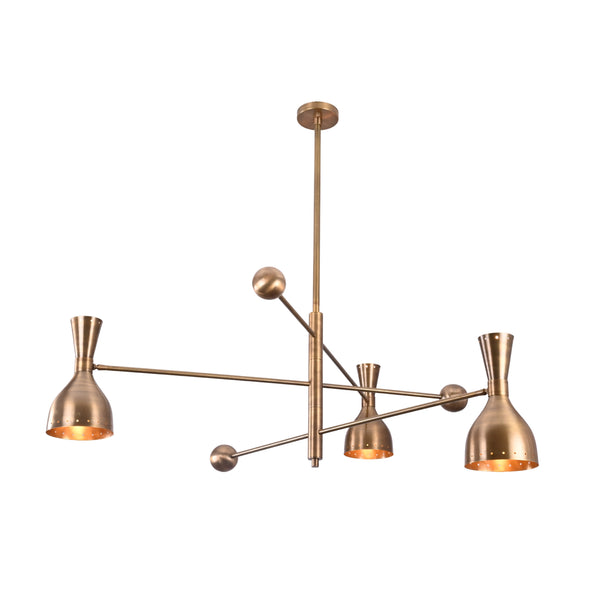 Diabolo 6-light brushed brass chandelier with sculptural arms and bowl-shaped shades, handcrafted in solid brass by Brass Leaf Studio.