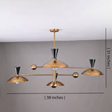 38-inch wide Diabolo brass chandelier with black cone accents showing full product dimensions and sculptural mid-century layout.