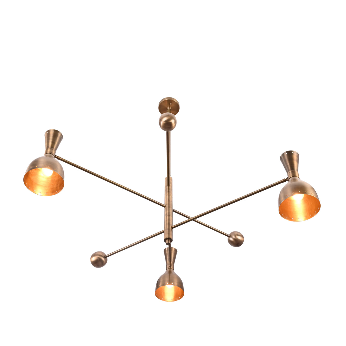 Bottom view of Diabolo mid-century brass chandelier showing intersecting arms and warm interior glow from bowl-shaped shades.