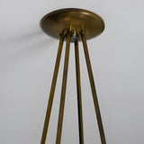 Close-up of solid brass ceiling canopy and suspension rods on a handcrafted Diabolo style chandelier