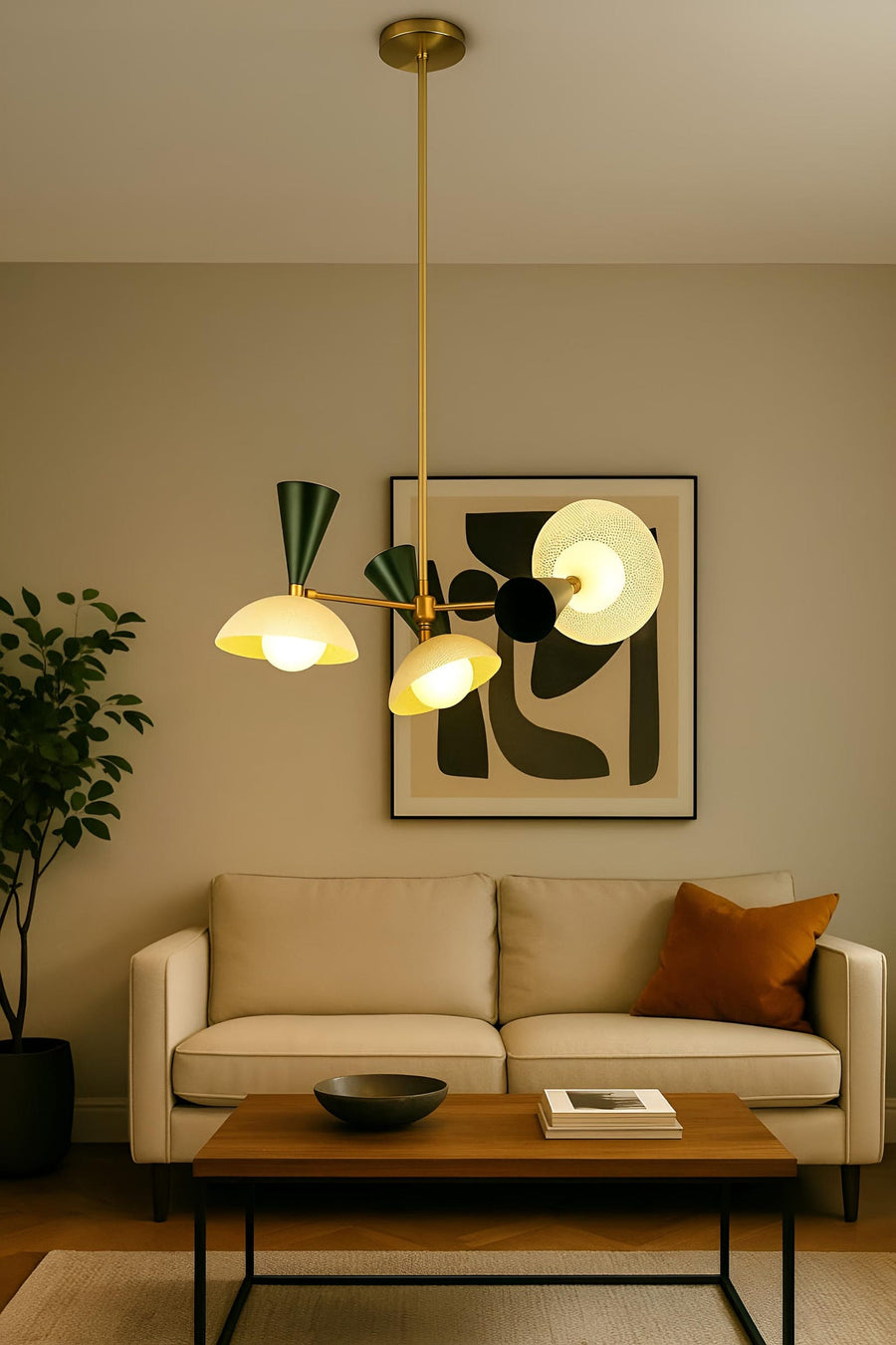 6 light Diabolo style brass chandelier with sculptural bowl shades and modern industrial design by Brass Leaf Studio