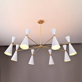 Elegant Diabolo chandelier featuring 16 white double-cone shades on a brass frame, modern designer lighting by Brass Leaf Studio.