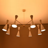 Diabolo chandelier 16-light in brushed brass with white cone shades – front view, modern mid-century ceiling light by Brass Leaf Studio.