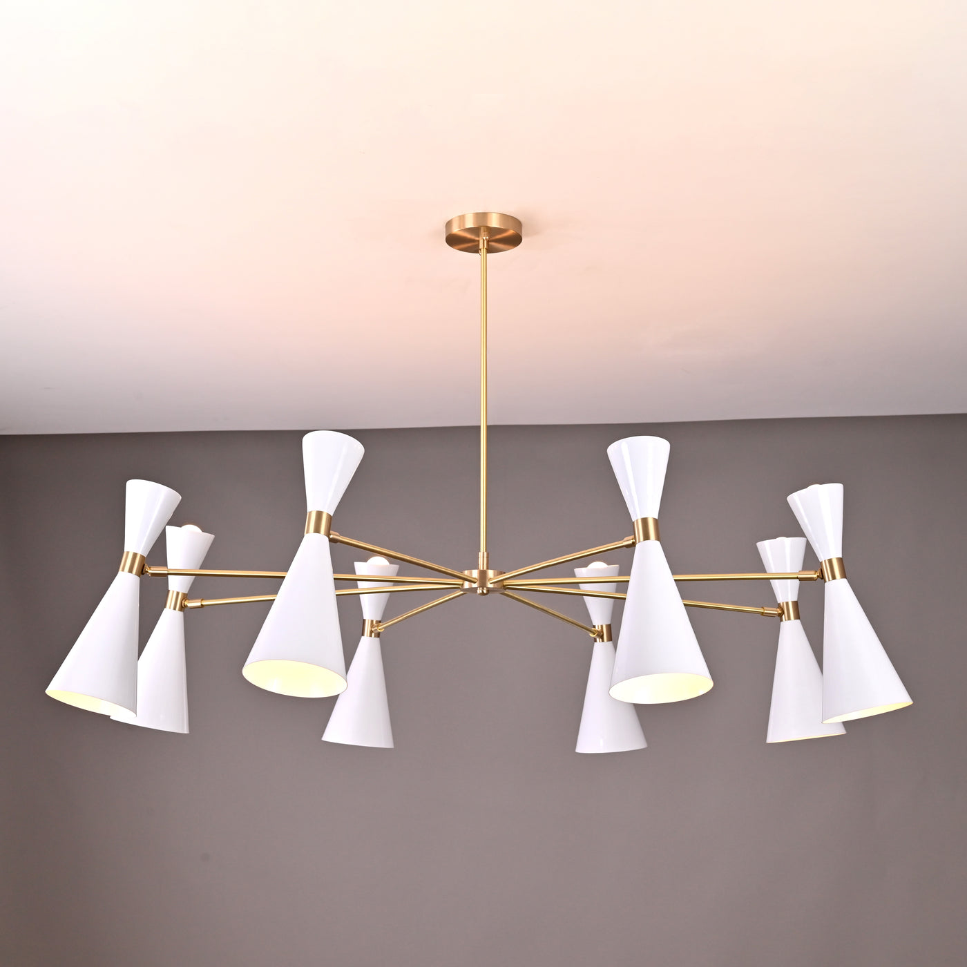 Modern Diabolo chandelier with 16 white cone shades and brushed brass frame, mid-century modern decorative ceiling light.